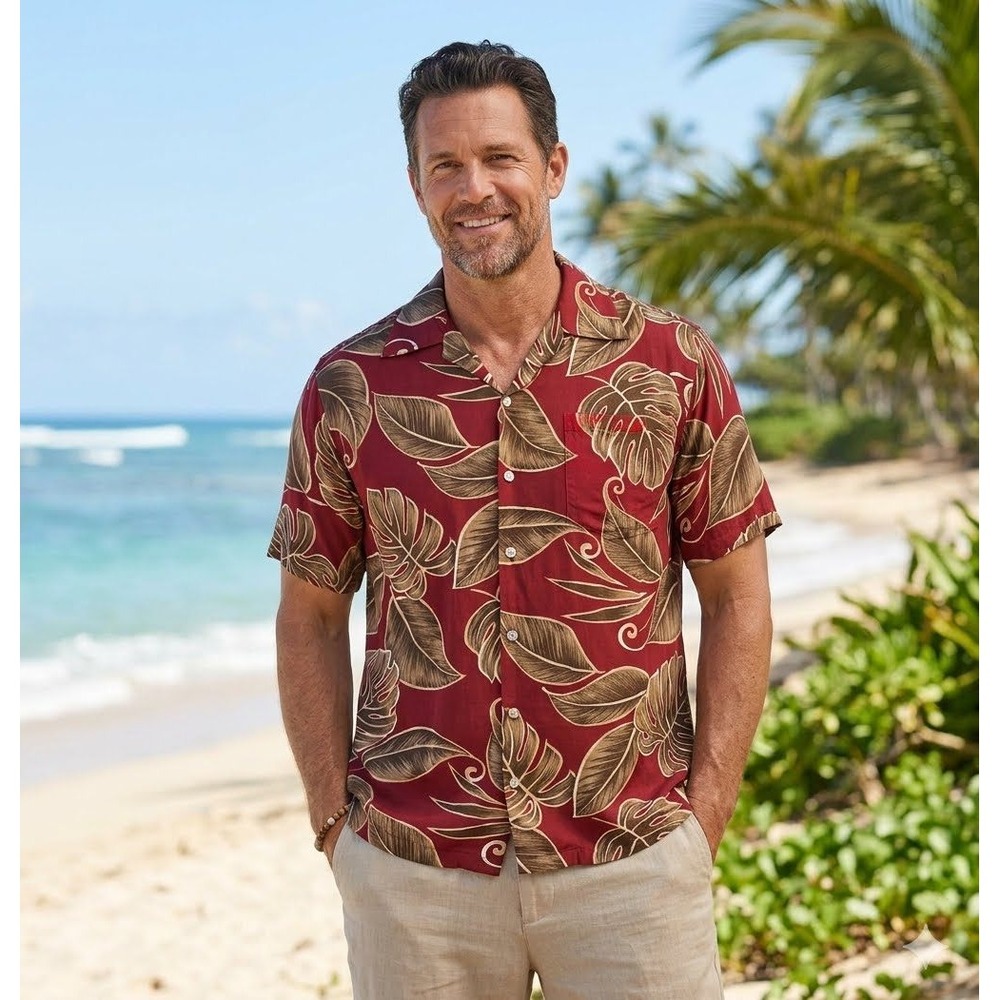 Vintage Malihini Hawaii Aloha Shirt XL Red Brown Monstera Taro Leaf Rayon
